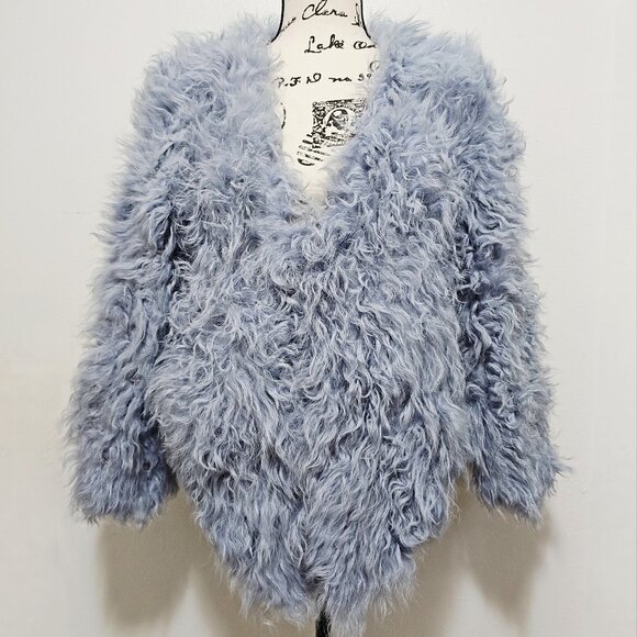 New Knitted Curly Mongolian Lamb Fur Jacket Stroller Stole Sky Baby Misty Blue - Picture 1 of 5